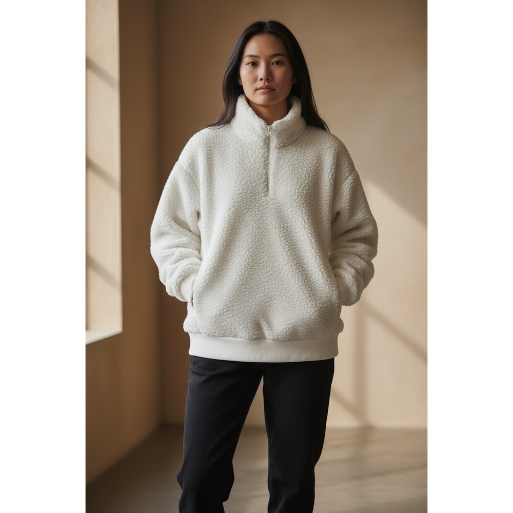 LULUK‎ LUX Women's Sherpa Fleece Half Zip Mock Neck Pullover Ivory M